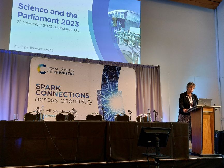 Professor Gill Reid, our president, addresses the crowd at Science and the Parliament 2023 while standing next to a pair of RSC backdrops Professor Gill Reid, our president, addresses the crowd at Science and the Parliament 2023 while standing next to a pair of RSC backdrops